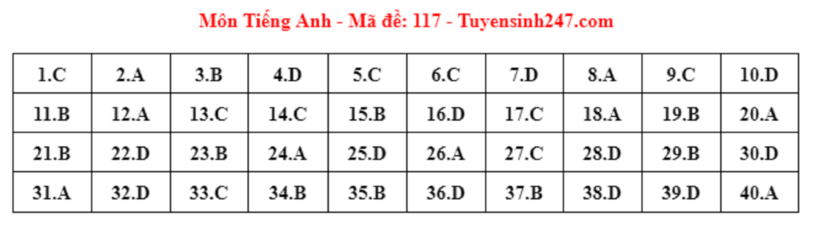 Đáp án gợi ý môn Tiếng Anh tuyển sinh lớp 10 ở Hà Nội năm 2024 mã đề 117