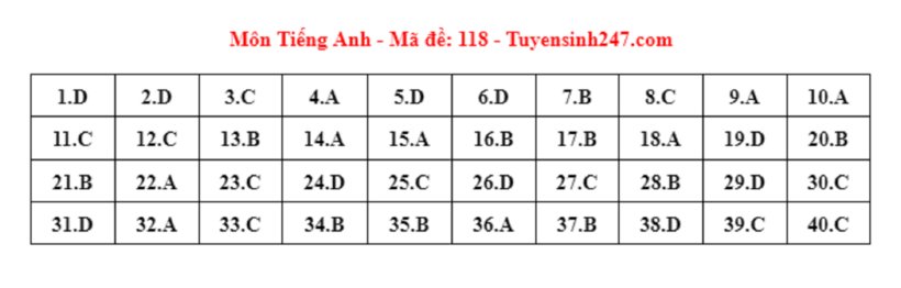 Đáp án gợi ý môn Tiếng Anh tuyển sinh lớp 10 ở Hà Nội năm 2024 mã đề 117