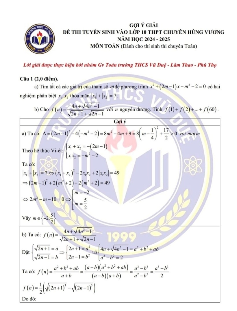 Đáp án gợi ý môn Toán chuyên thi vào lớp 10 Trường THPT chuyên Hùng Vương - 2