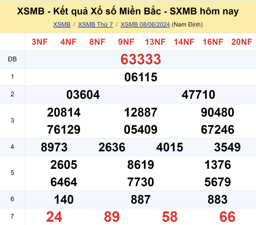 Kết quả xổ số miền Bắc hôm nay 8/6/2024.