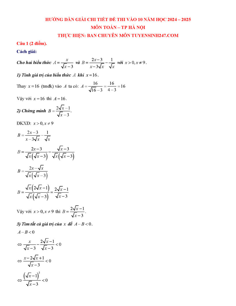 Đáp án gợi ý môn Toán tuyển sinh lớp 10 tại Hà Nội năm 2024 - 2