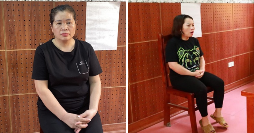 Hoàng Thị Hoài Vân và Hoàng Thị Vươn tại cơ quan công an. (Ảnh: Công an tỉnh Lạng Sơn)