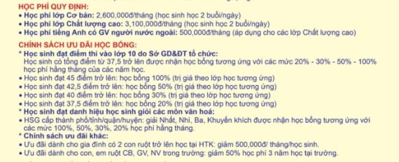 Mức học phí năm học 2023 - 2024 của Trường THPT Huỳnh Thúc Kháng. Ảnh: Phụ Nữ Số