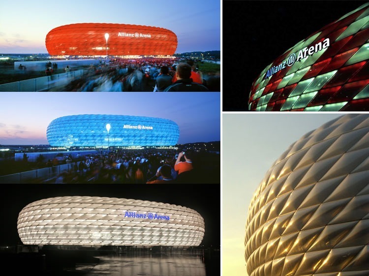Sân vận động Allianz Arena được ví như một chú “tắc kè” khổng lồ vì có thể biển đổi từ xanh sang đỏ và trắng tùy từng trận đấu.