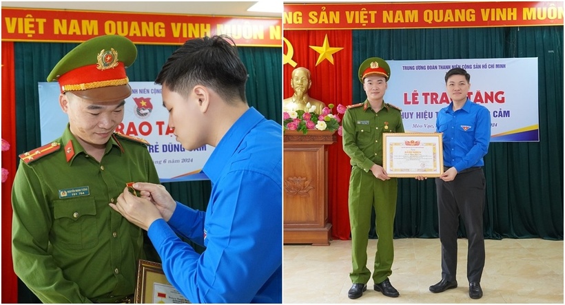 Thừa ủy quyền Ban Bí thư Trung ương Đoàn, ông Nguyễn Hải Dương, Bí thư Tỉnh Đoàn Hà Giang trao Huy hiệu "Tuổi trẻ dũng cảm" và bằng khen của Tỉnh đoàn Hà Giang cho Thượng úy Nguyễn Mạnh Tường. (Ảnh: Đài phát thanh & truyền hình Hà Giang)
