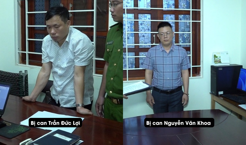 Cơ quan CSĐT đọc lệnh bắt bị can để tạm giam đối với Trần Đức Lợi và Nguyễn Văn Khoa. Ảnh: Công an Nghệ An