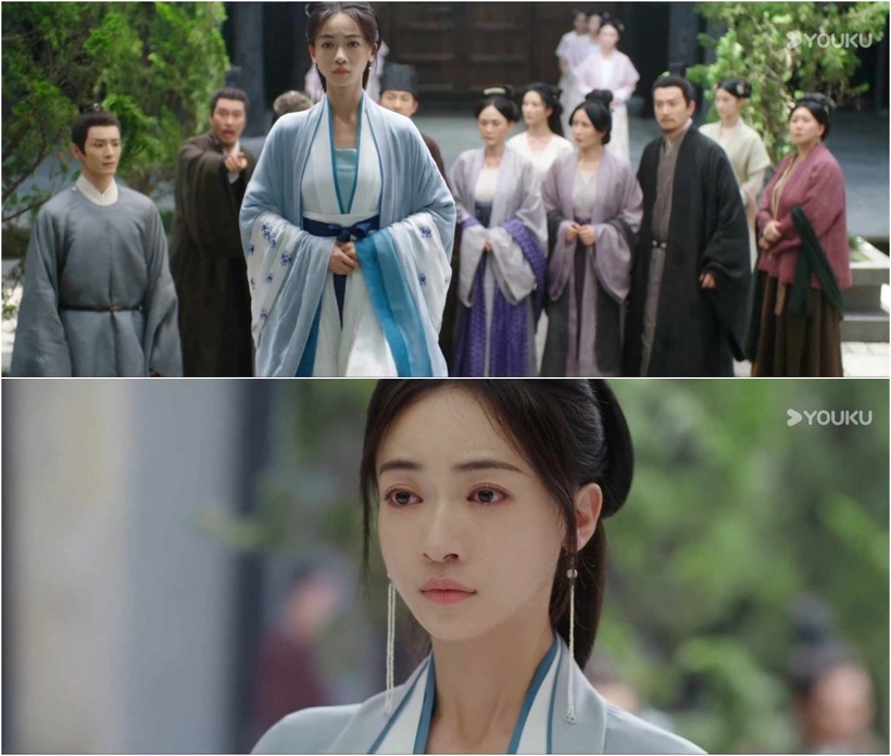 Khương Lê bước vào từ đường Khương gia, muốn bái lạy người mẹ đã khuất, bất chấp sự phản đối của những người khác. Ảnh: Youku