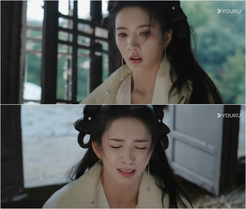 Khương Nhược Dao hốt hoảng sau khi đánh ngất Chu Ngạn Bang để cứu Khương Lê. Ảnh: Youku