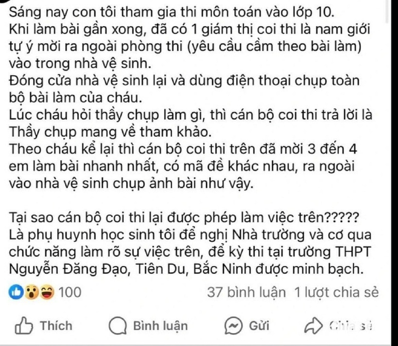 Thông tin "tố" giám thị ép thí sinh cầm bài thi vào WC chụp lại. Ảnh: Tuổi Trẻ
