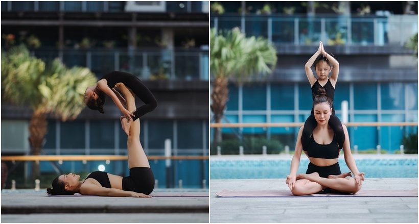 Trà Ngọc Hằng và con gái tập nhiều động tác yoga khó.