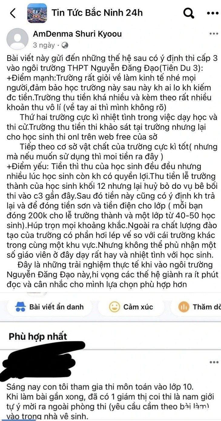 Bài đăng trên mạng xã hội về sự việc tại Trường THPT Nguyễn Đăng Đạo. Ảnh: Tuổi trẻ