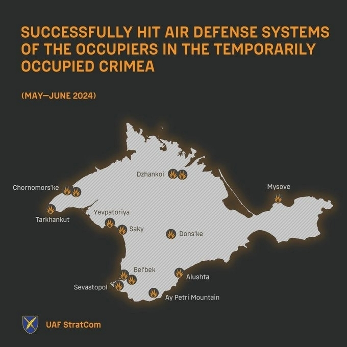 Bản đồ cho thấy các vị trí Nga ở bán đảo Crimea bị tấn công. Ảnh: UAF StratCom