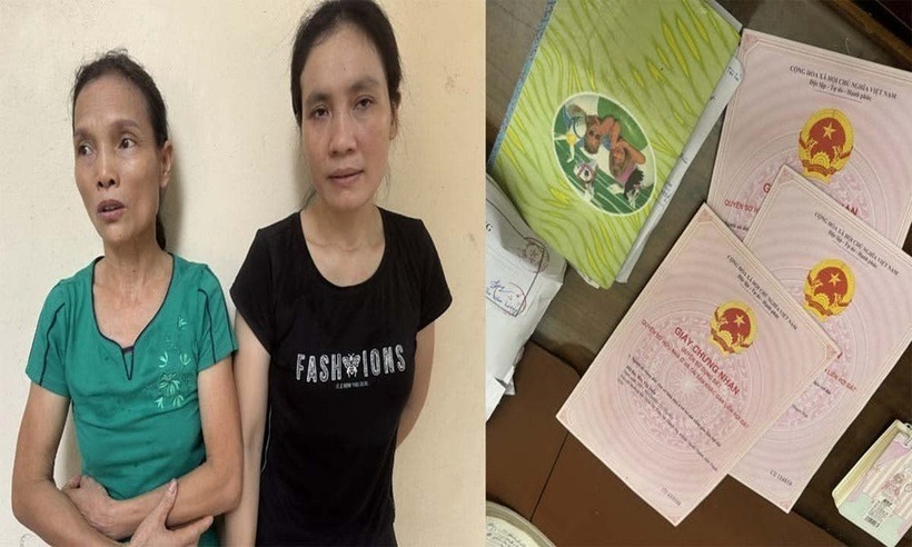 Nguyễn Thị Oanh (trái) và Bùi Thị Trinh cùng số tang vật thu giữ. (Ảnh: Công an Thanh Hóa)