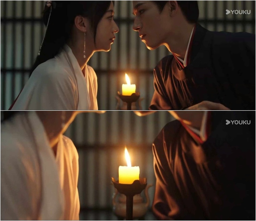 Khương Lê và Tiêu Hoành tiến gần về phía nhau nhưng đến cảnh hôn mà khán giả chờ đợi thì máy quay lại lia xuống ngọn nến. Ảnh: Youku