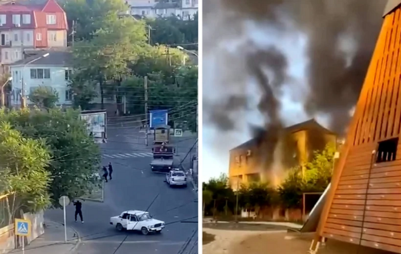 Cảnh tượng nổ súng trên đường phố ở Makhachkala và những đám khói bốc lên từ một tòa nhà ở Derbent hôm 23/6. Ảnh: Reuters