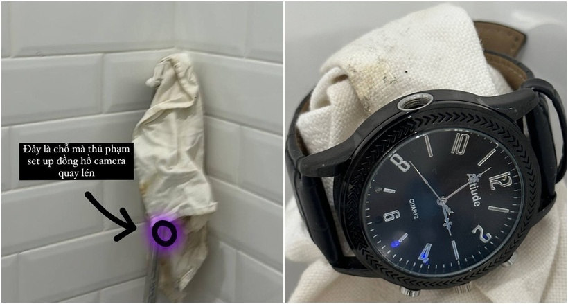 Vị trí Châu Bùi phát hiện chiếc đồng hồ camera giấu kín trong góc WC nữ. (Ảnh: FBNV)