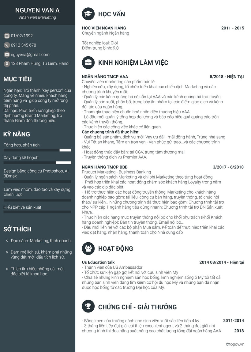 Mẫu CV nhân viên Marketing ngành ngân hàng