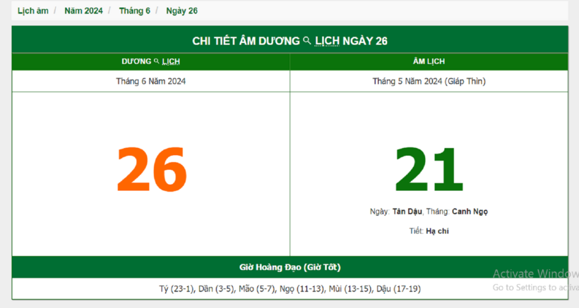 Âm lịch hôm nay 26/6 chuẩn nhất
