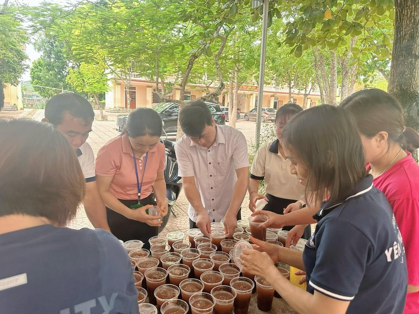 Những cốc chề đậu đỏ được chia sẵn chờ các học sinh thưởng thức.