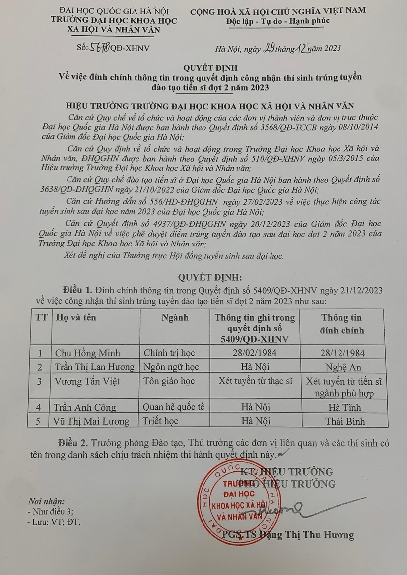 Trường ĐH Khoa học Xã hội & Nhân văn lên tiếng việc ông Vương Tấn Việt đang học tiến sĩ ngành Tôn giáo học.