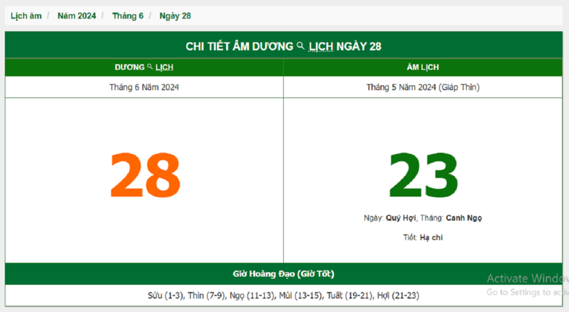 Âm lịch hôm nay 28/6 chuẩn nhất
