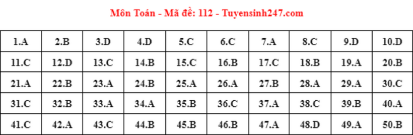 Đáp án gợi ý môn Toán mã đề 112 tốt nghiệp THPT 2024