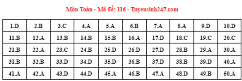 Đáp án gợi ý môn Toán mã đề 116 tốt nghiệp THPT 2024