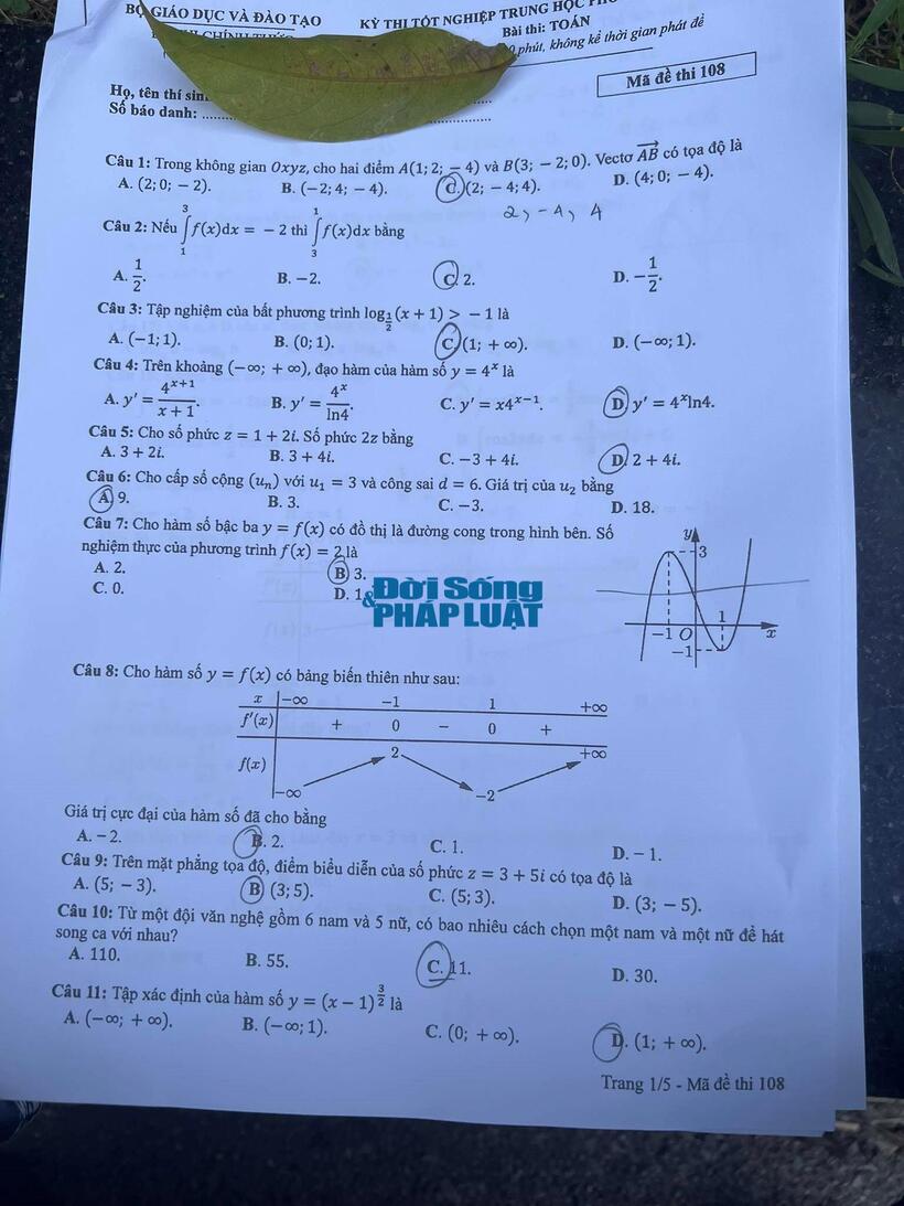 Đáp án đề thi môn Toán mã đề 108 tốt nghiệp THPT 2024 mới nhất, chính xác nhất - 2