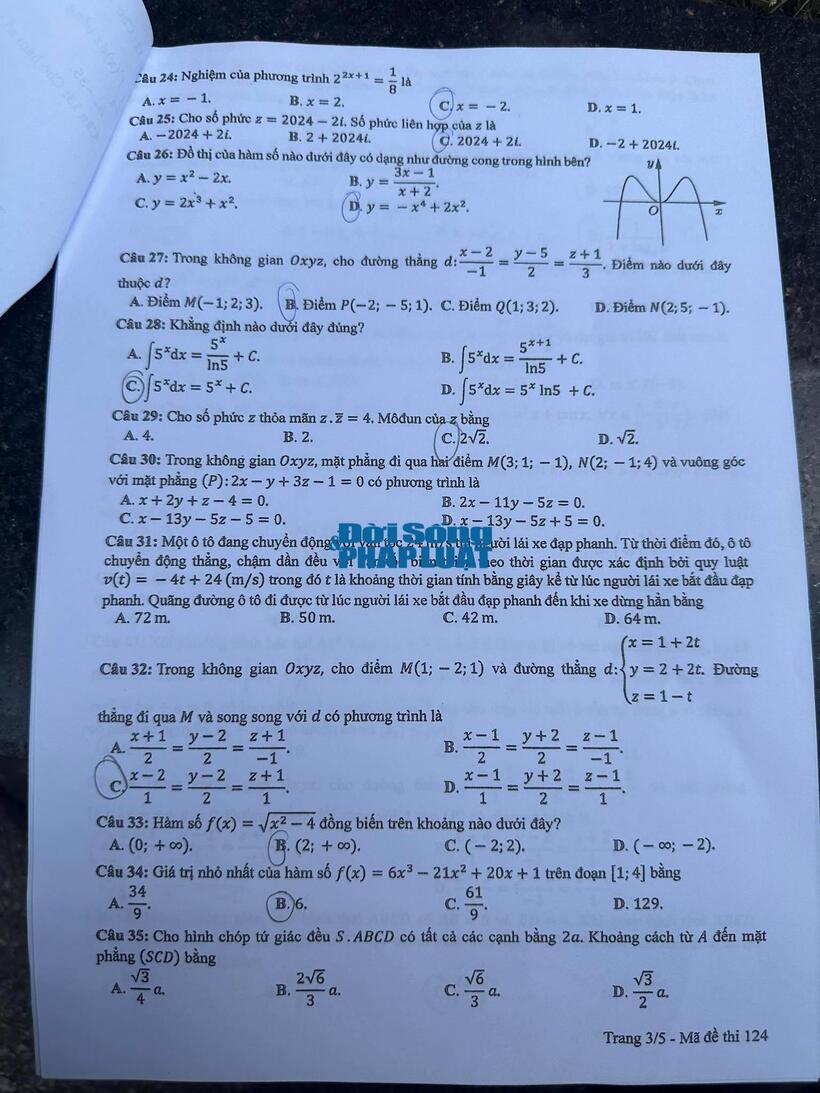 Đáp án đề thi môn Toán mã đề 124 tốt nghiệp THPT 2024 mới nhất, chính xác nhất - 5