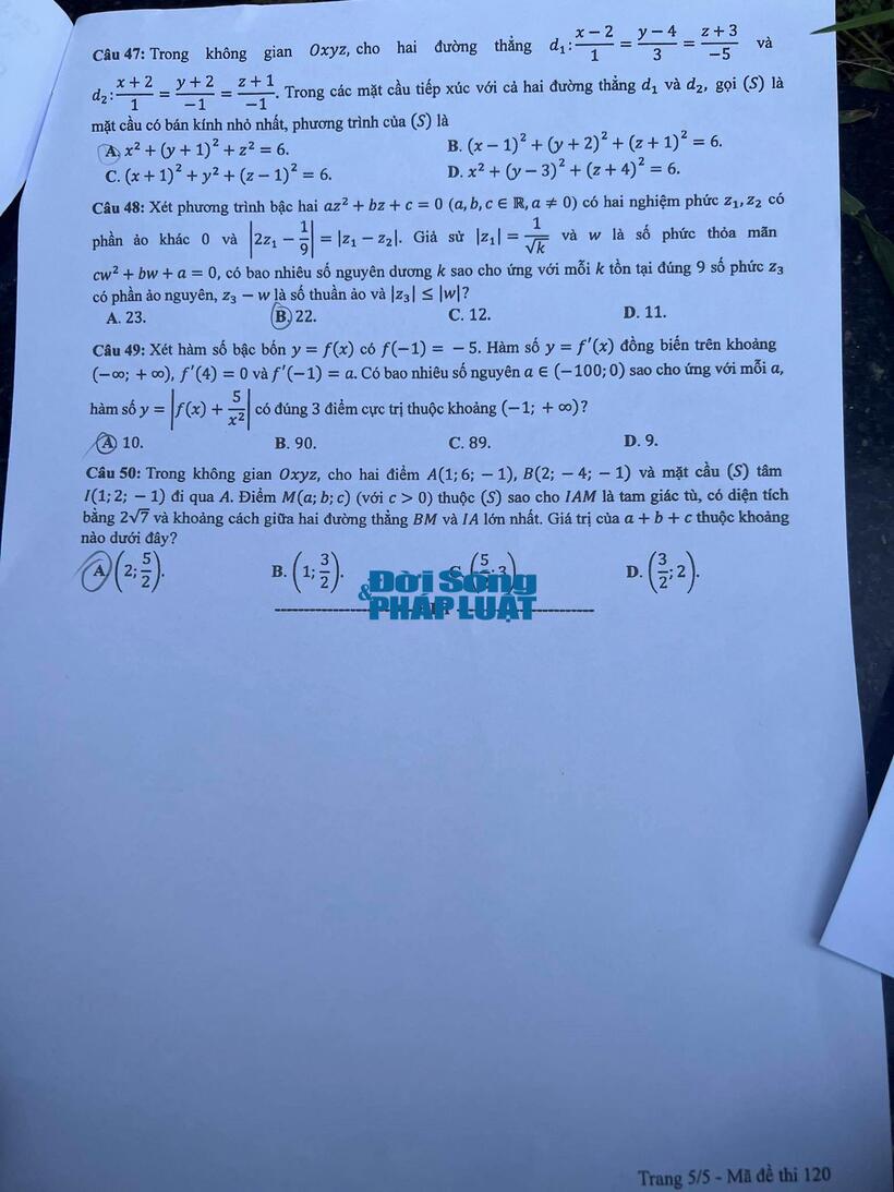 Đáp án đề thi môn Toán mã đề 120 tốt nghiệp THPT 2024 mới nhất, chính xác nhất - 6