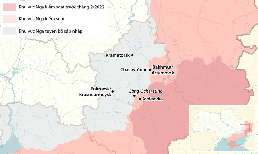 Vị trí thành phố Pokrovsk/Krasnoarmeysk và các đô thị chủ chốt ở tỉnh Donetsk. Đồ họa: RYV.