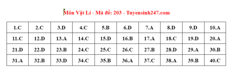 Đáp án đề thi môn Vật lý mã đề 203 tốt nghiệp THPT 2024 được cập nhật lúc 14h17 ngày 28/6.