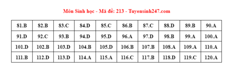 Đáp án gợi ý môn Sinh học mã đề 213 tốt nghiệp THPT 2024. Ảnh: Tuyensinh247.com