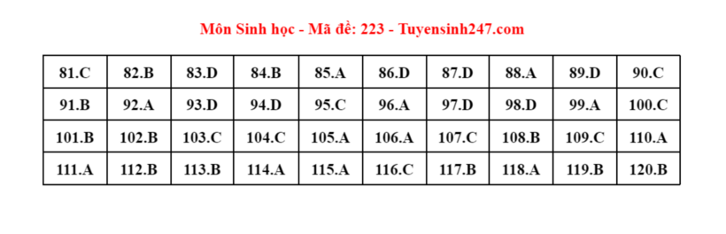 Đáp án gợi ý môn Sinh học mã đề 223 tốt nghiệp THPT 2024. Ảnh: Tuyensinh247.com