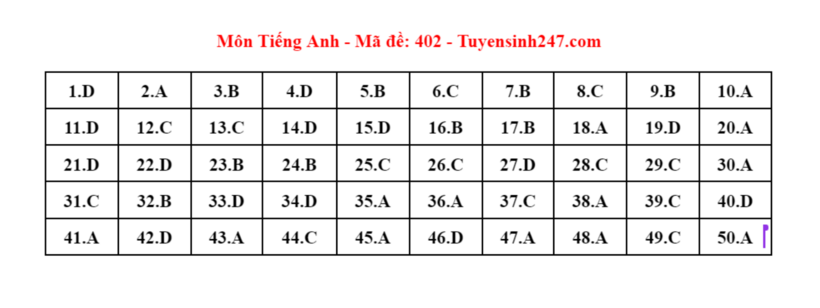 Đáp án gợi ý môn tiếng Anh mã đề 402 tốt nghiệp THPT 2024. Ảnh: Tuyensinh247.com