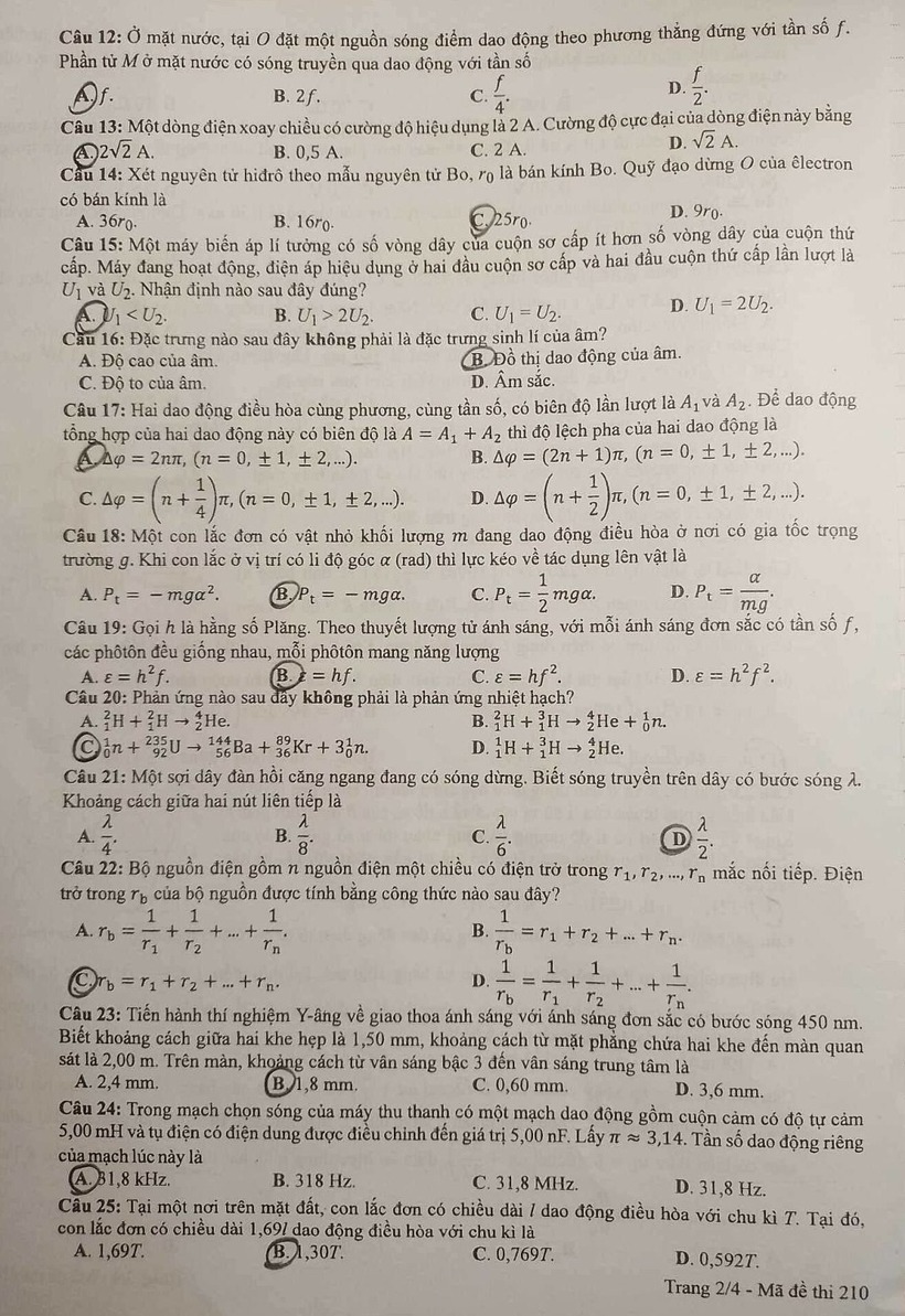 Đáp án đề thi môn Vật lý mã đề 210 tốt nghiệp THPT 2024 chuẩn nhất, chính xác nhất - 3