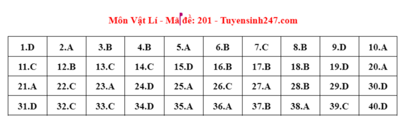 Đáp án đề thi môn Vật lý mã đề 201 tốt nghiệp THPT 2024 được cập nhật lúc 14h14 ngày 28/6.