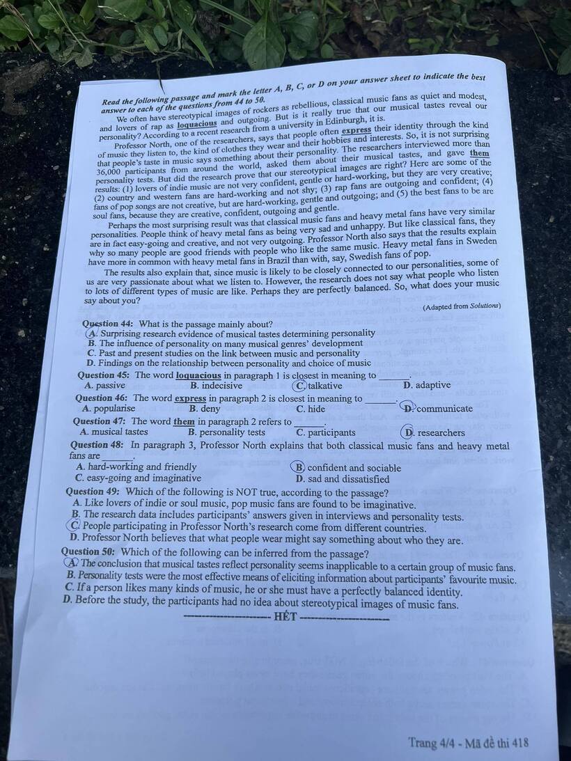 Đề thi môn Tiếng Anh mã đề 418 tốt nghiệp THPT 2024 cập nhật lúc 15h45