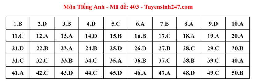 Đáp án đề thi môn Tiếng Anh mã đề 403 tốt nghiệp THPT 2024