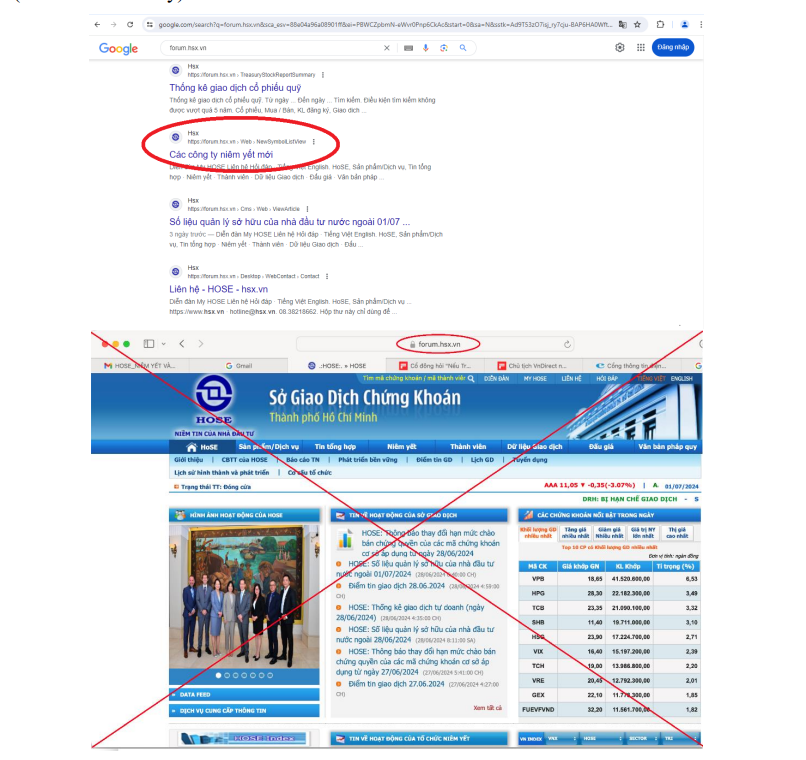 Giao diện website giả mạo Sở Giao dịch Chứng khoán TPHCM. Ảnh: HoSE.