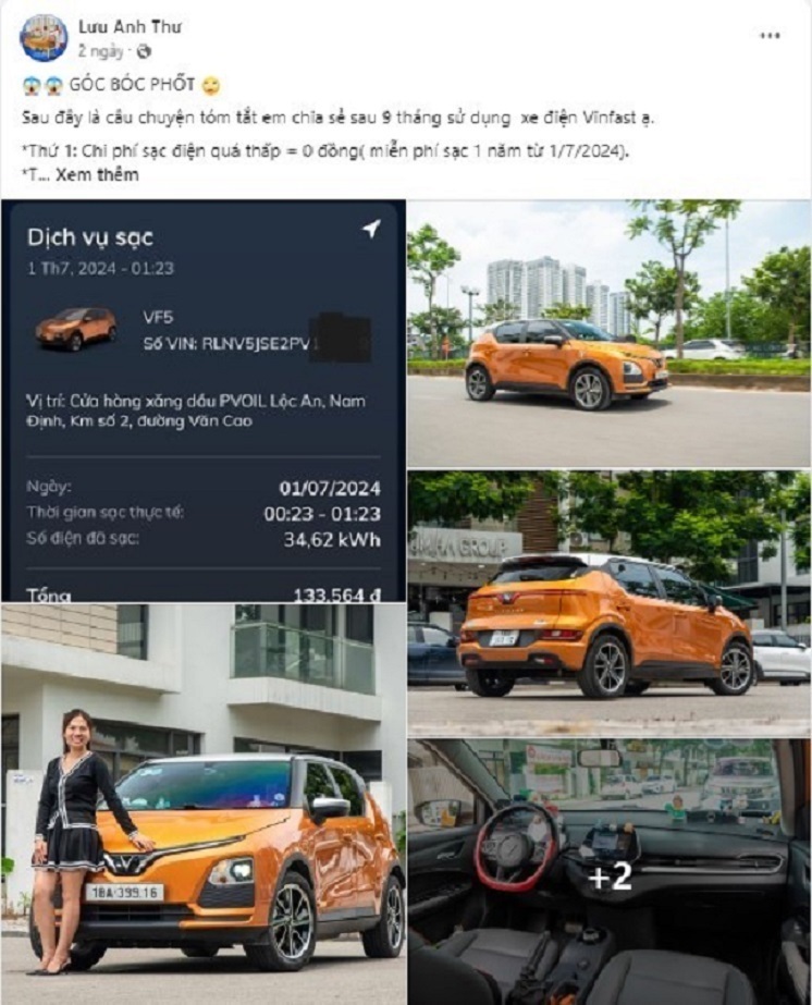 Chị Anh Thư hào hứng chia sẻ chi phí vận hành 0 đồng của VF 5 Plus(Nguồn: Facebook Lưu Anh Thư).