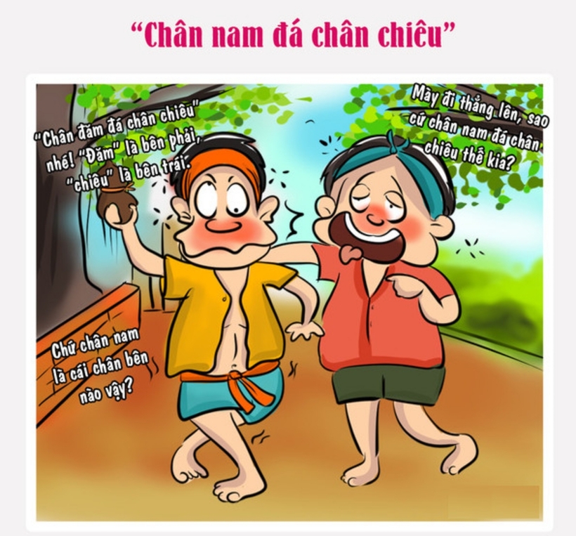 Trong câu này “chiêu” có nghĩa là bên trái, "đăm" sẽ được hiểu là bên phải. Còn “nam” lại không có nghĩa là bên phải. “Chân đăm đá chân chiêu” mới đúng. Mấu chốt ở đây là ở từ “xiêu”, vốn gắn liền với nghiêng ngả, xiêu vẹo. Nó hoàn toàn phù hợp dùng để chỉ dáng điệu của ai đó hoặc say xỉn, hoặc vội vàng tất tưởi, vụng về... mà đi đứng không ngay ngắn, vững vàng.