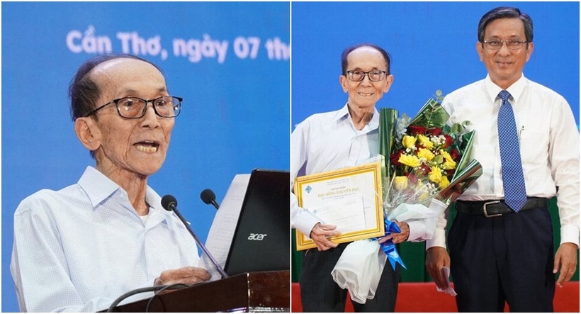 PGS.TS Trần Trung Tính, Hiệu trưởng Trường Đại học Cần Thơ trao học bổng "Người cao tuổi có tinh thần học tập suốt đời" cho ông Nguyễn Tấn Thành. (Ảnh: VTC News)