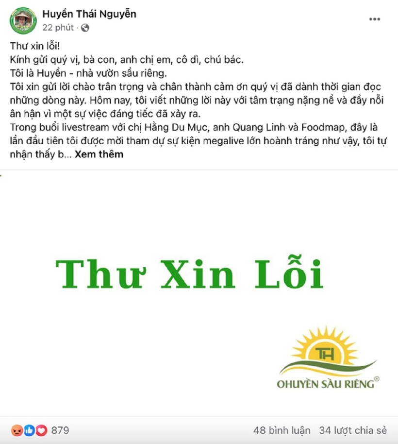 Bài đăng xin lỗi của O Huyền SẦu Riêng. Ảnh chụp màn hình