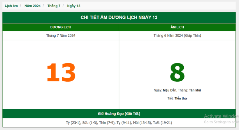Âm lịch hôm nay 13/7 chuẩn nhất.