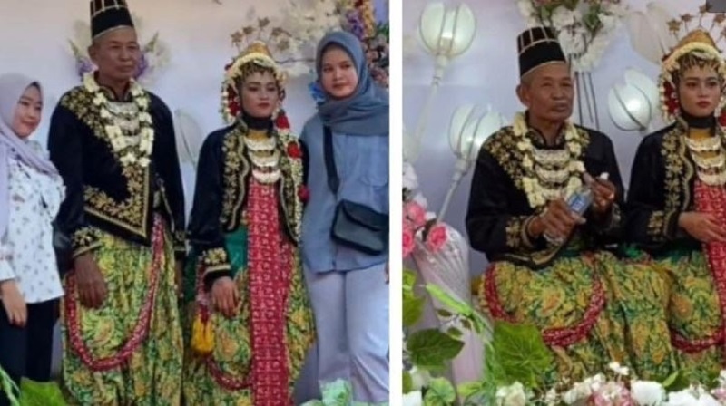 Đám cưới diễn ra tại tỉnh Riau, Indonesia, chú rể năm nay 75 tuổi, còn cô dâu chỉ mới 15 tuổi. Ảnh: Trbune.