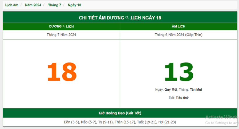 Âm lịch hôm nay 18/7 chuẩn nhất