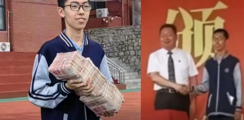 Nam sinh được nhà trường tặng cọc tiền lớn. Ảnh: New QQ
