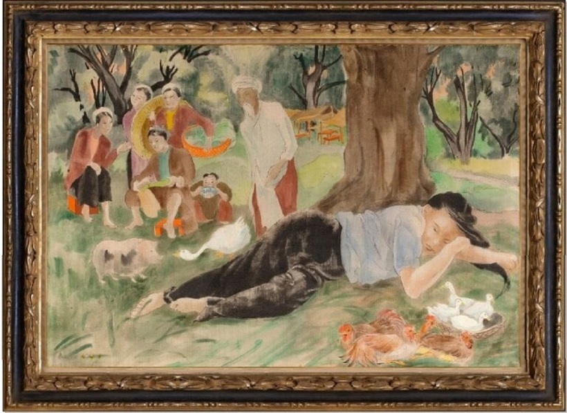 Alix Aymé (1894 – 1989). Gia đình và động vật. Mực và màu nước trên lụa. Ký “ALIX AYMÉ” dưới giữa và triện đỏ dưới phải. 20 x 43 cm