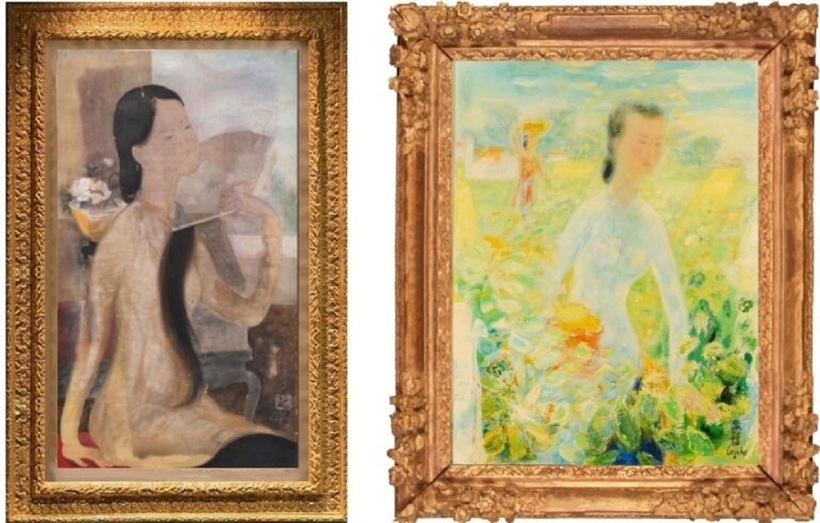Bên trái: Lê Phổ (1907 – 2001). Thiếu nữ cầm quạt. Mực và bột màu trên lụa. Ký “lepho” và triện dưới phải. 40.8 x 23 cm. – Bên phải: Lê Phổ (1907 – 2001). Trong vườn. Ký “lepho” và đề chữ Hán dưới phải. 65 x 50 cm